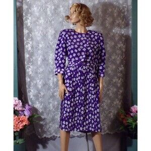Vintage 80s Purple & White Dress Size Large 1980s Retro New Wave Secretary Geek